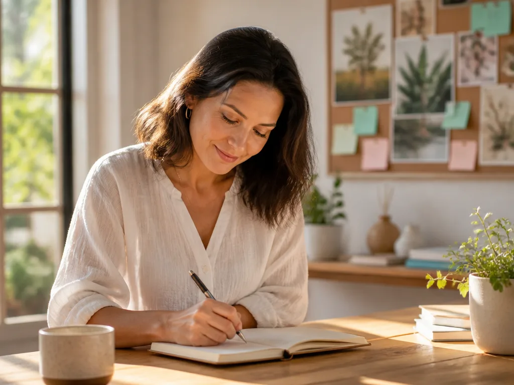 Kvinna som skriver positiva affirmationer i en dagbok vid ett soligt skrivbord med anteckningslappar i bakgrunden