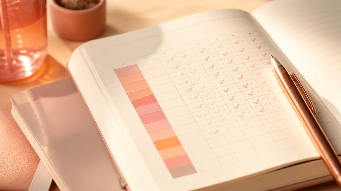 Habit tracker med bockar och penna i varmt korallljus