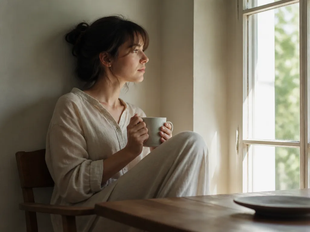 En person sitter lugnt vid ett fönster i mjukt morgonljus