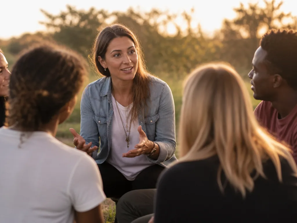 En karismatisk person talar engagerat till en liten grupp människor utomhus i varmt kvällsljus