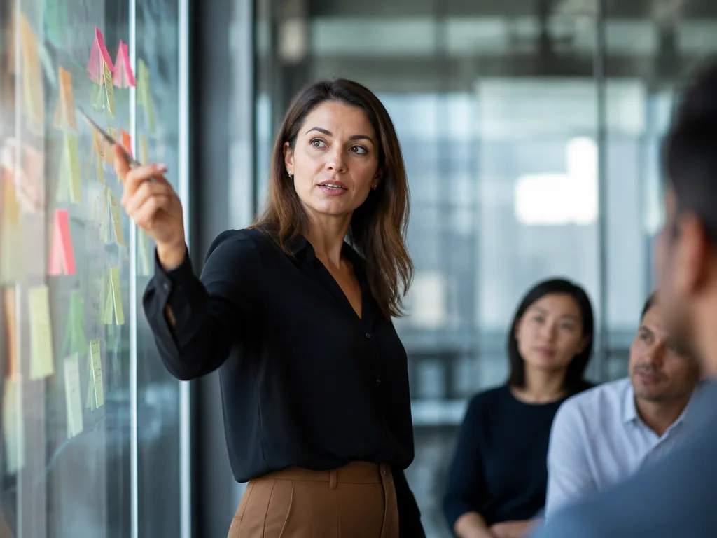 En självsäker ledare pekar på en strategiplan på en glasvägg i ett modernt kontor