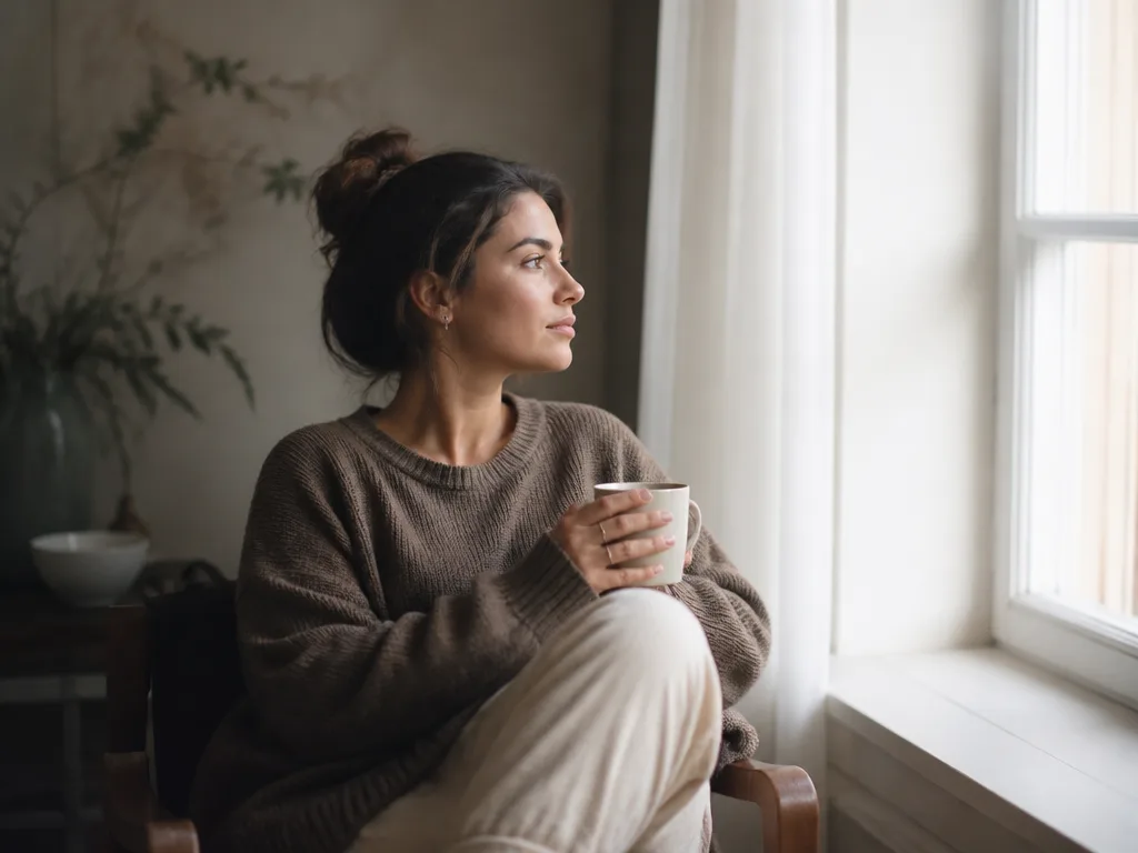 Person sitter avslappnat i ett tyst, mjukt upplyst rum med en kopp te, blicken riktad ut mot ett fönster
