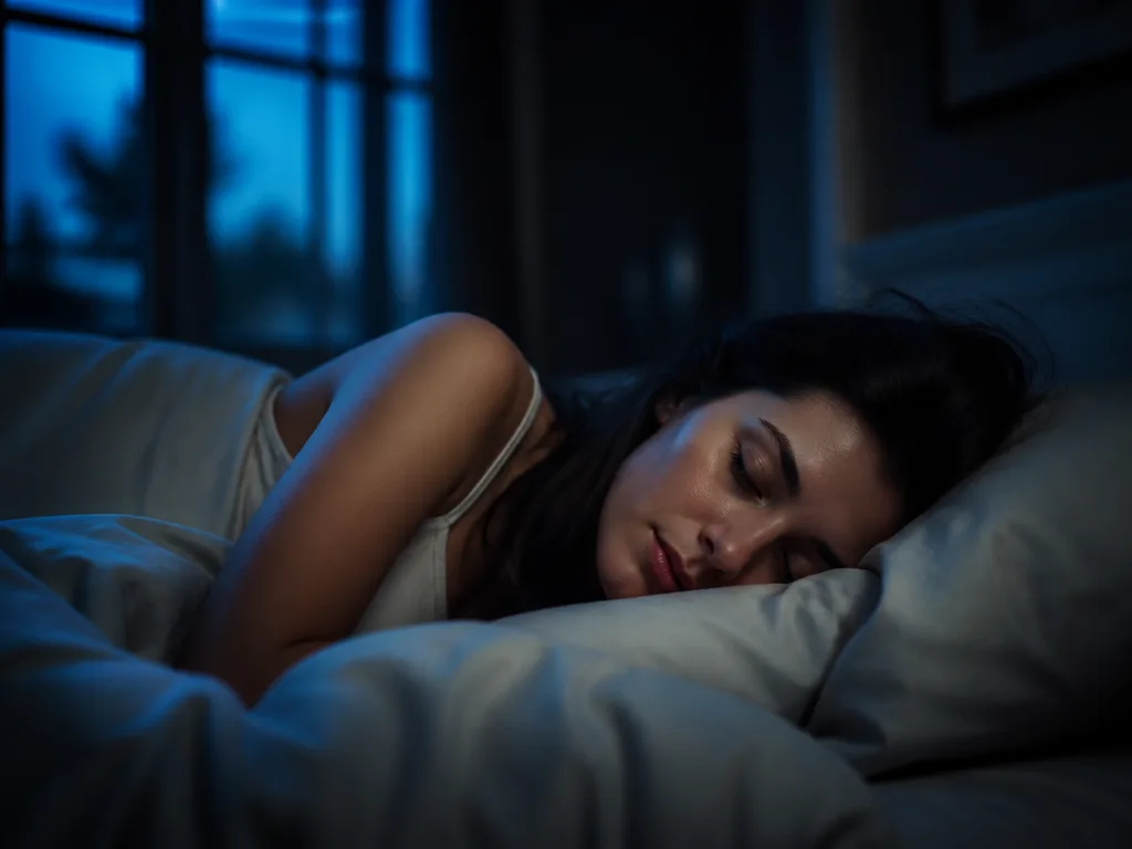 Person som sover lugnt i ett mörkt sovrum med mjukt månljus genom fönstret