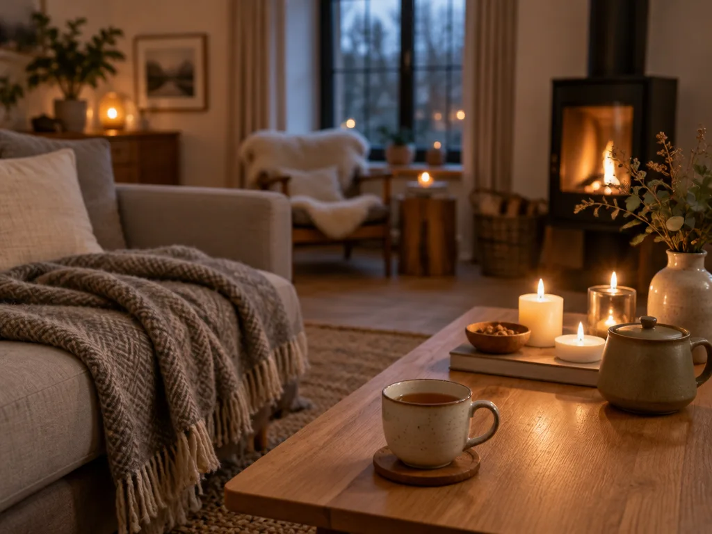 Mysigt vardagsrum med tända ljus, ullfilt i soffan och en kopp te framför brasan