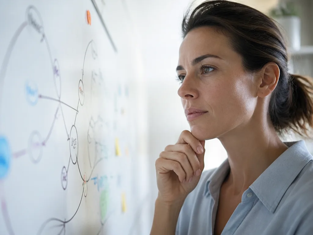 En analytisk person studerar ett strategidiagram på en whiteboard i ett tyst, ljust arbetsrum