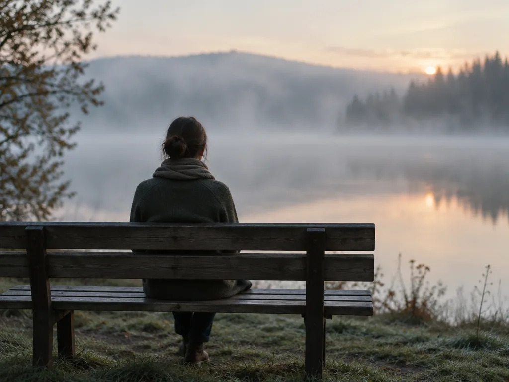 Person sitter ensam på en bänk vid en dimmig sjö i gryningen och blickar ut över vattnet