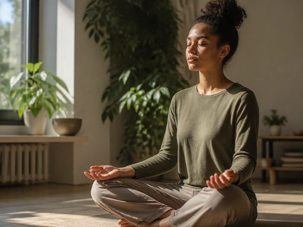 Person sitter i skräddarställning med slutna ögon i mjukt morgonljus, händerna vilande på knäna under meditation