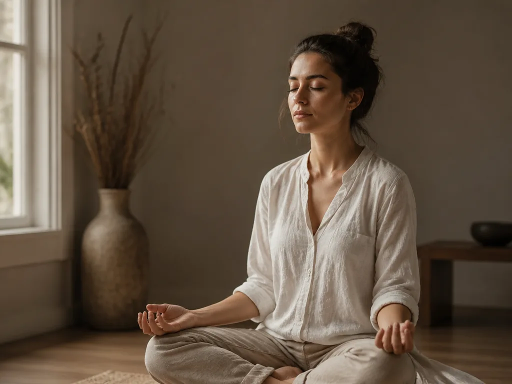 En person sitter i stilla meditation i mjukt morgonljus med slutna ögon och ett lugnt uttryck