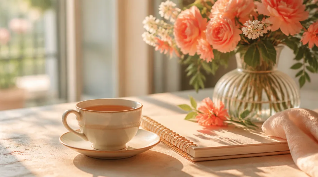 Soligt morgonbord med en kopp te, en anteckningsbok och en vas med blommor