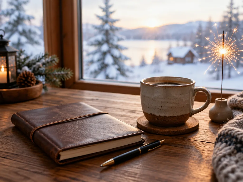 Anteckningsbok och penna på ett träbord bredvid en kaffekopp och ett tänt tomtebloss, med snölandskap utanför fönstret