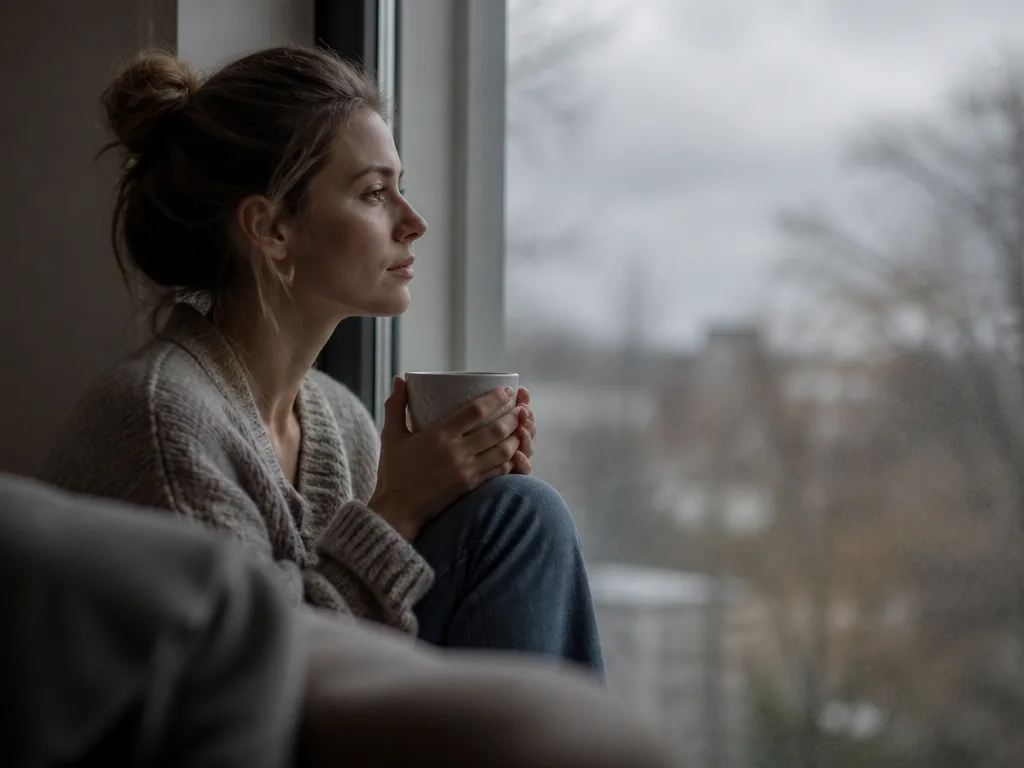 Kvinna sitter still vid ett fönster med en kopp te i händerna och en tankfull blick ut mot en grå himmel