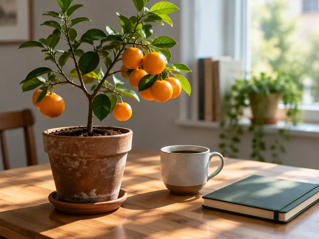 Litet citrusträd i kruka fullt med apelsiner på ett träbord bredvid en kaffekopp och en anteckningsbok i morgonljus