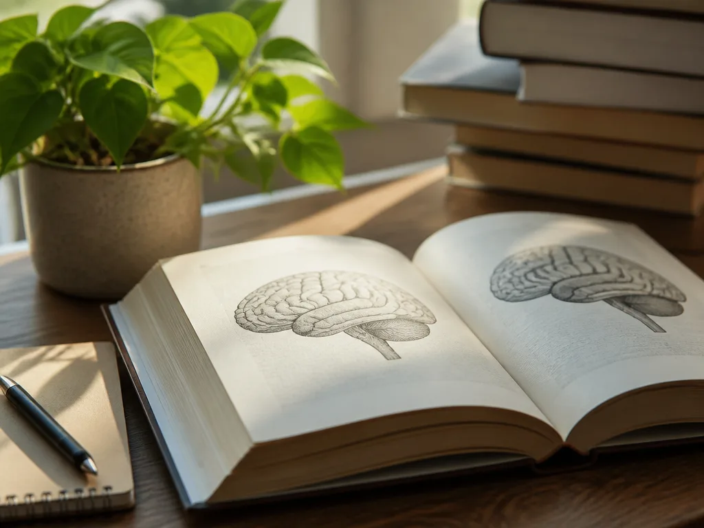 Öppen psykologibok på ett trä-skrivbord med solljus, liten grön växt och anteckningsbok bredvid