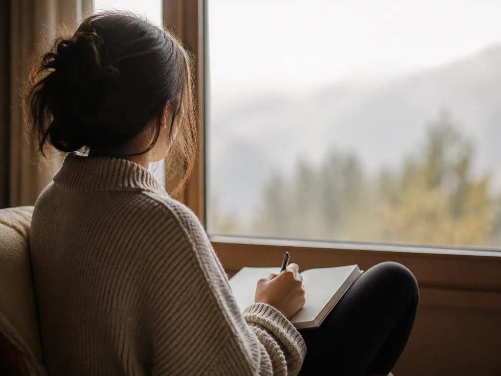 Person i mysig tröja sitter vid fönster och skriver i en dagbok i mjukt morgonljus