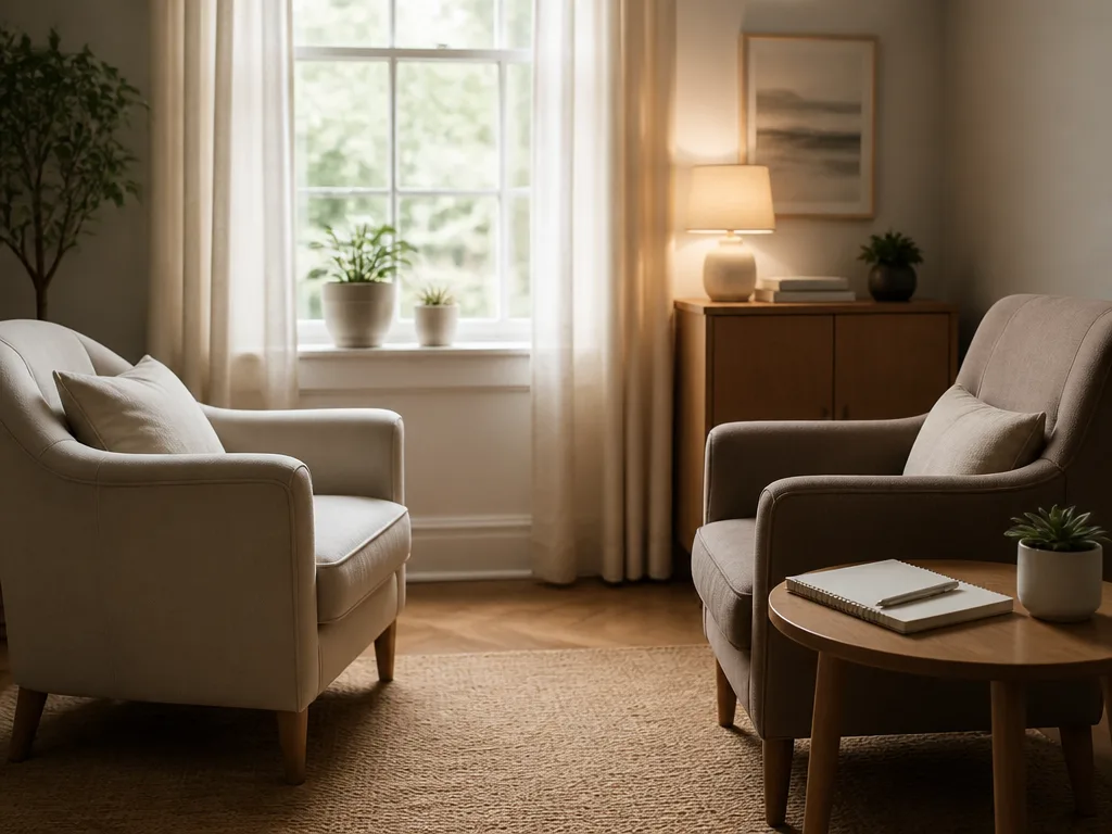 Lugnt terapirum med två fåtöljer vända mot varandra i mjukt ljus från ett fönster