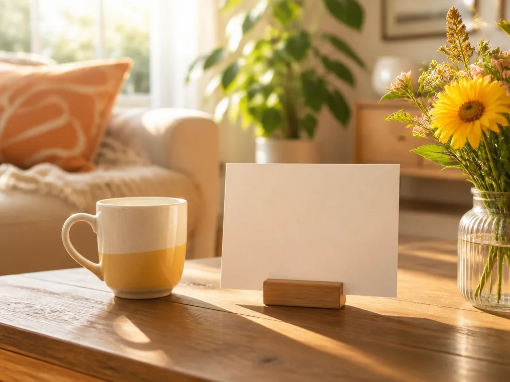 Handskrivet citatkort och en kaffekopp på ett soligt köksbord en morgon
