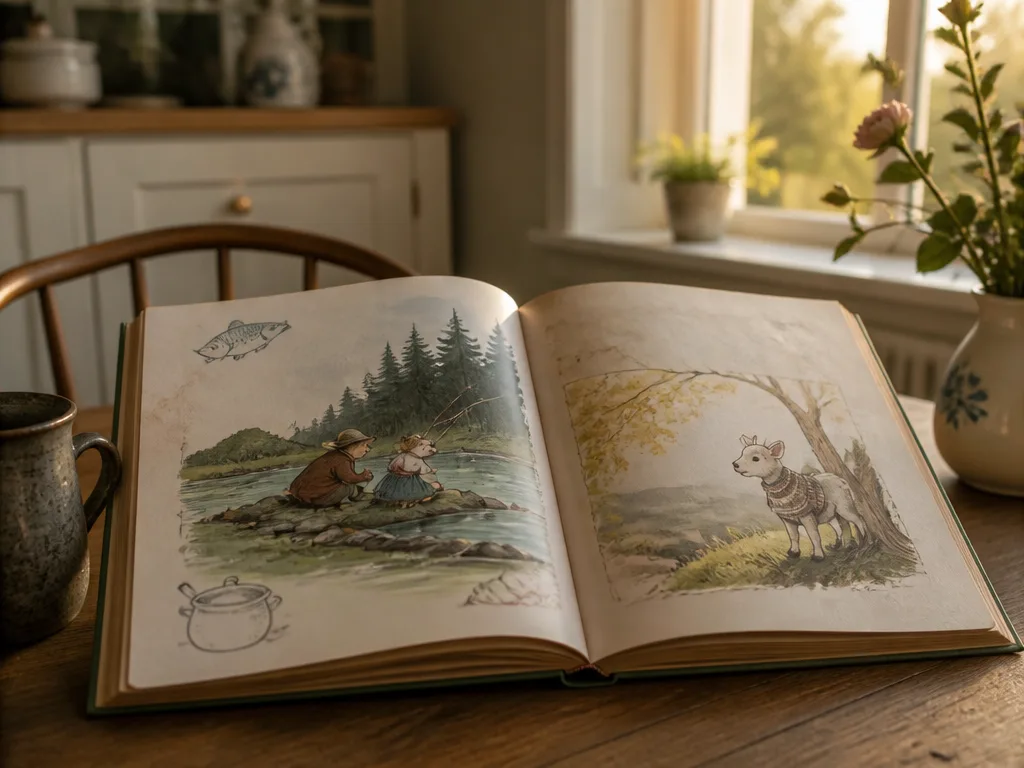 Öppen gammal bok med lekfulla illustrationer av fisk, get och gryta i varmt kvällsljus – symbol för roliga svenska ordspråk