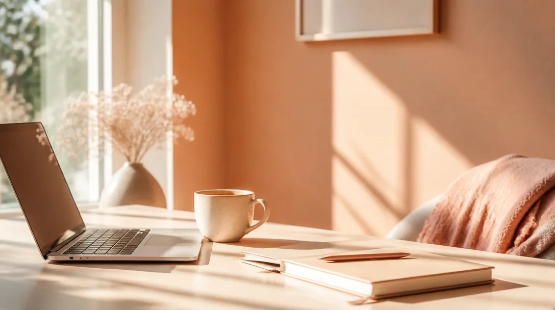 Avskalat skrivbord med en laptop, en anteckningsbok och en kopp kaffe i varmt ljus