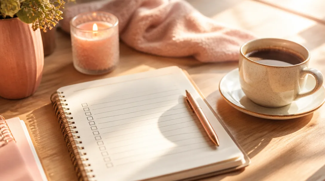 Anteckningsbok med en handritad checklista och en kaffekopp i varmt ljus