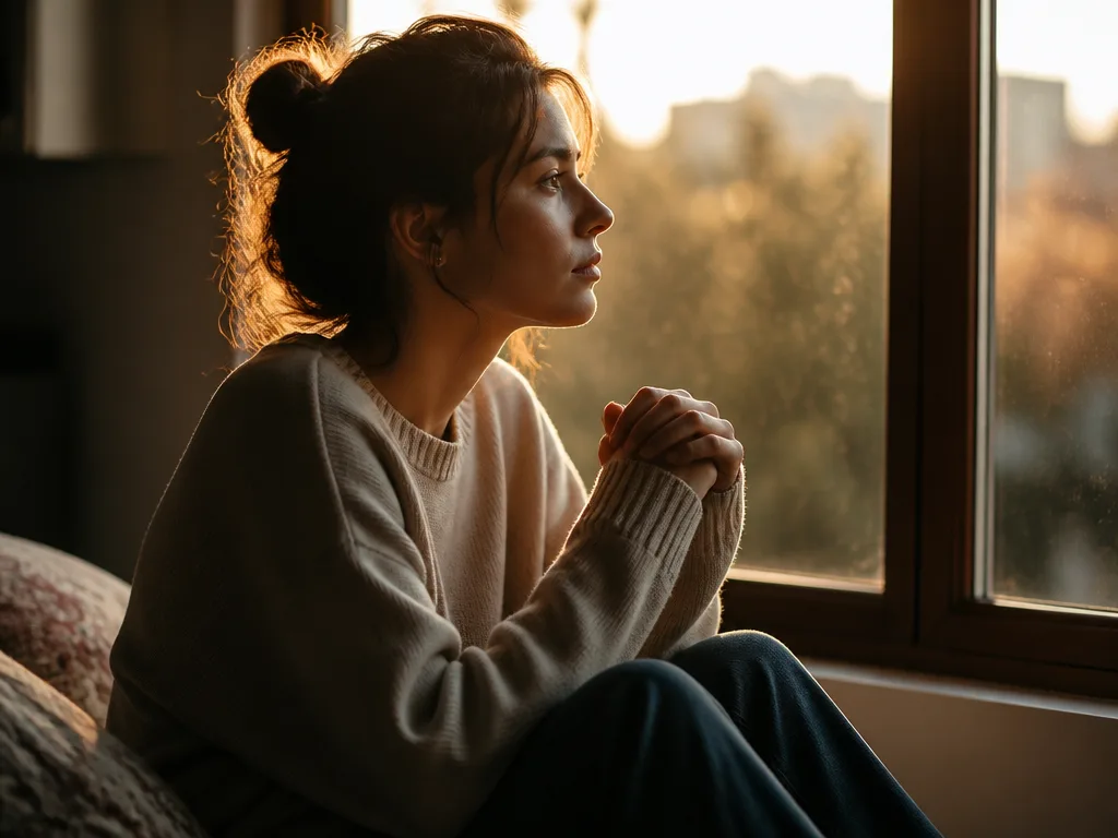 En person sitter i motljus vid ett fönster med händerna knäppta, ett stilla ögonblick som symboliserar samspelet mellan inre sårbarhet och yttre stress