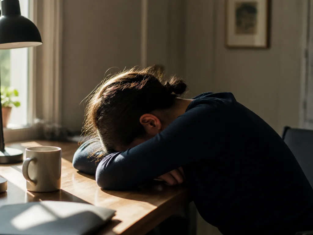 Person sitter vid ett skrivbord med huvudet vilande på vikta armar i eftermiddagsljus — ett visuellt tecken på utbrändhet och utmattning