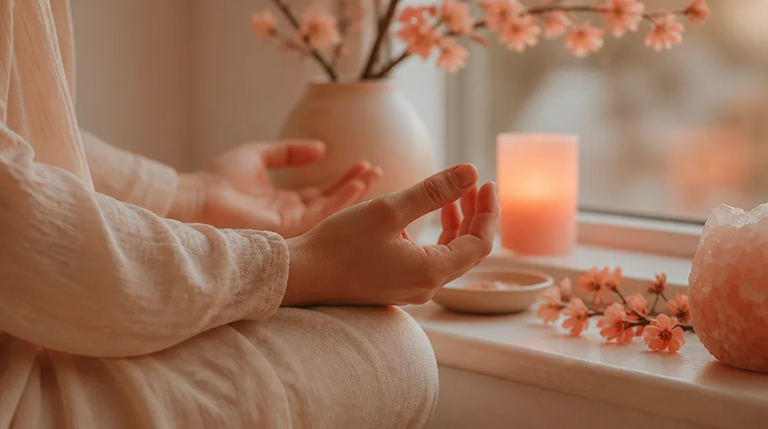 Person med slutna ögon vid fönsterbrädan, händerna vilande i meditationsposition, mjukt persika- och korall-färgat ljus, stilla mindfulnessövning