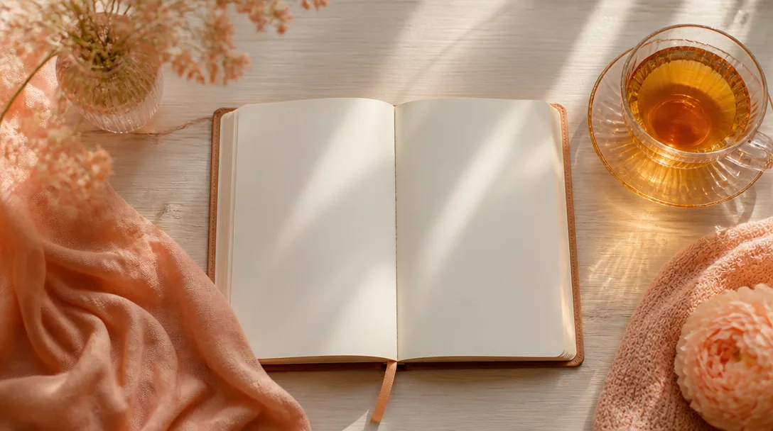 En introvert person i lugn miljö, ett skrivbord med öppen anteckningsbok och varm tekopp, mjukt persikofärgat och korall ljus